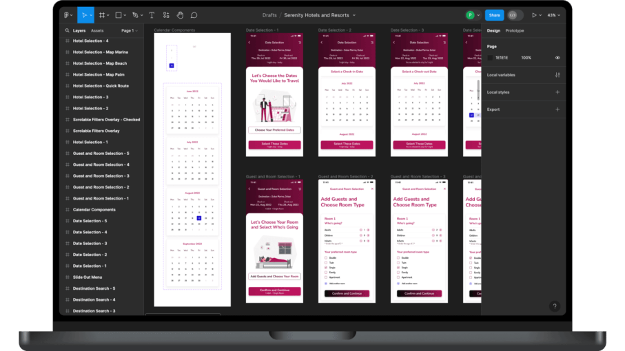 Figma screenshot of Serenity hotel app designs