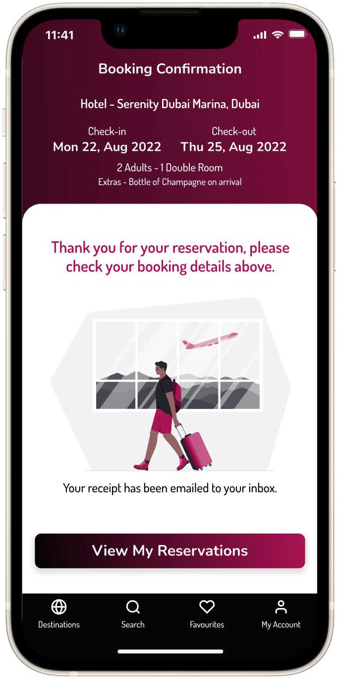 Serenity Hotels App confirmation screen