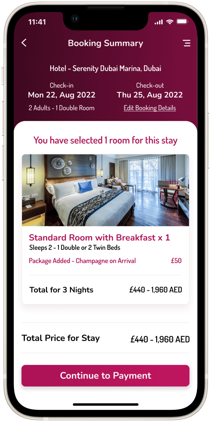 Serenity Hotels App summary screen