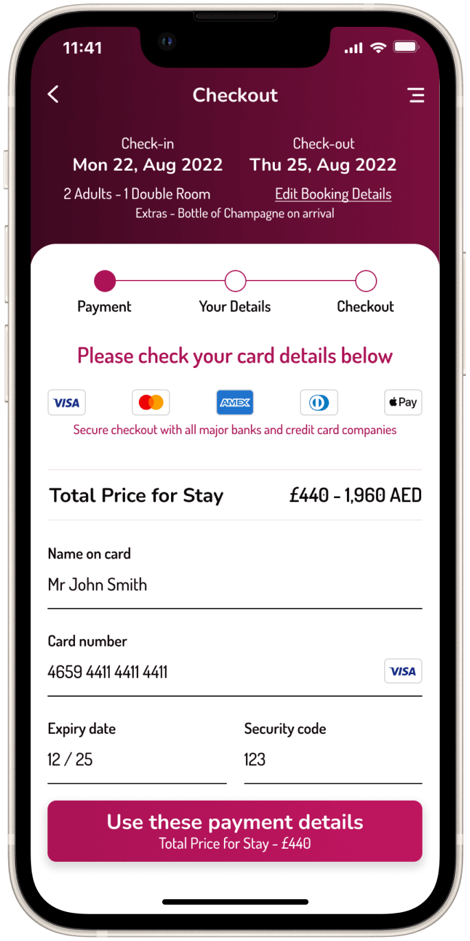 Serenity Hotels App checkout screen