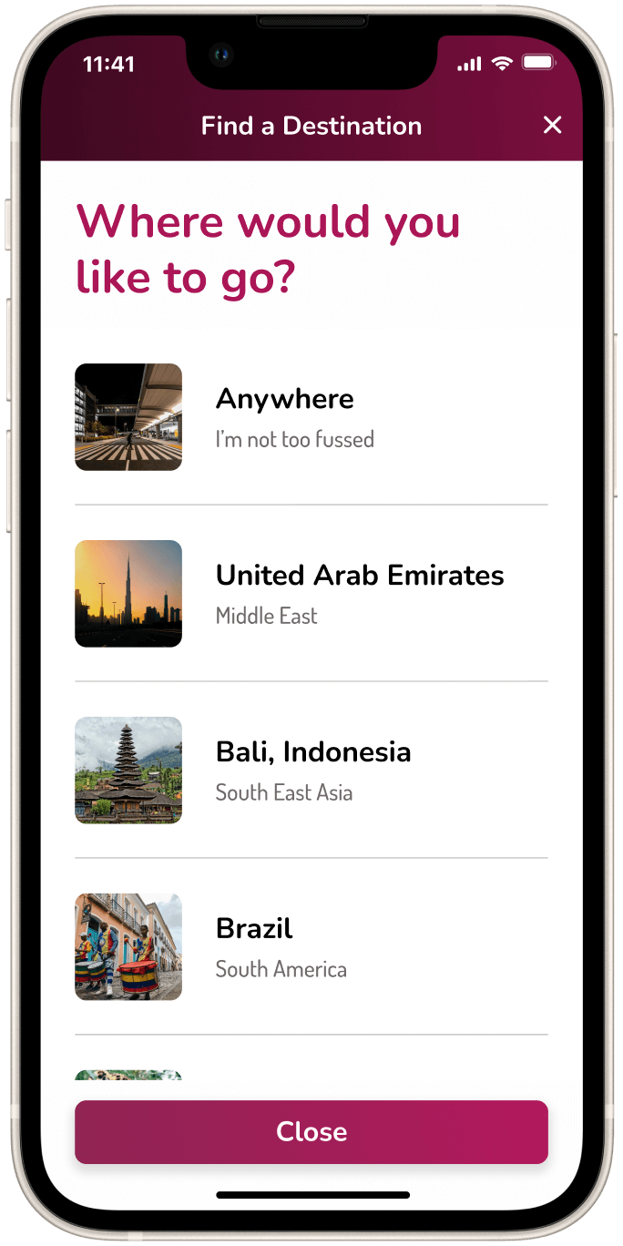 Serenity Hotels App destinations screen