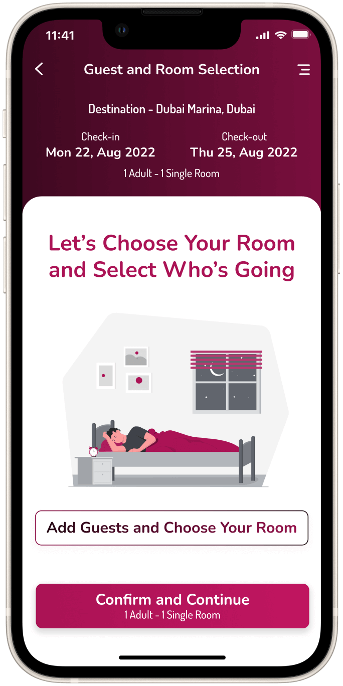 Serenity Hotels App guest selection screen