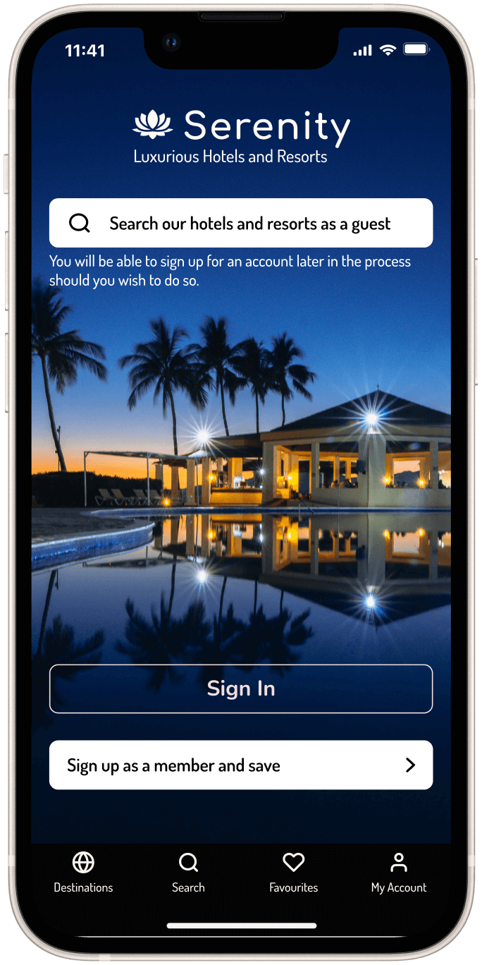 Serenity Hotels App landing screen