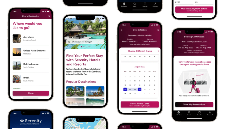 Serenity Hotels screenshots on iPhone mockups