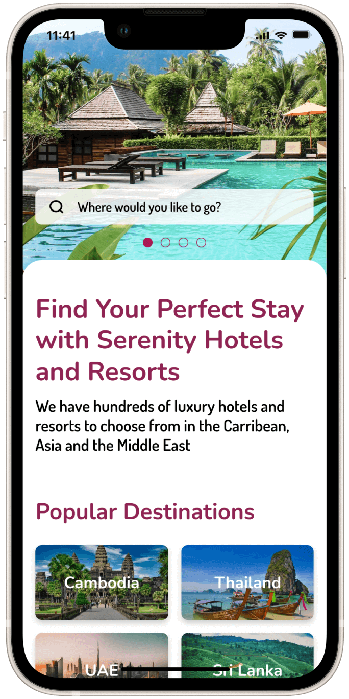 Serenity Hotels App search screen