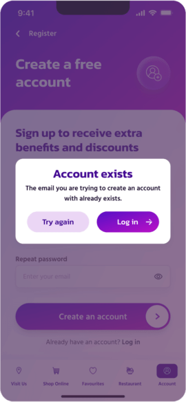 Account exists screen for the Greedy Panda app