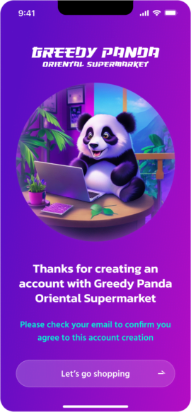 account confirmation screen for the Greedy Panda app