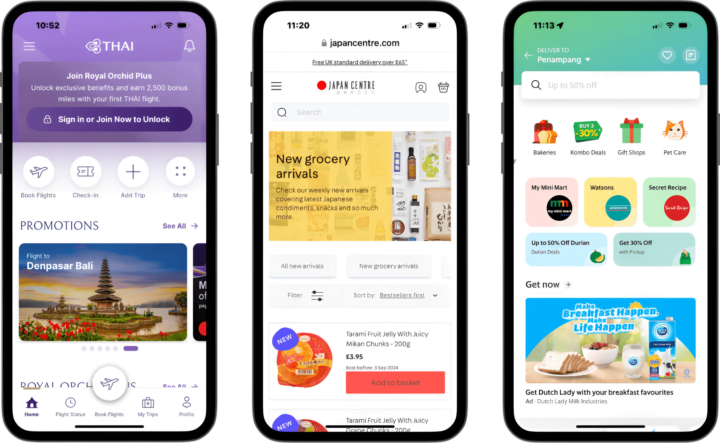 screenshots for Thai Airways, Japan Centre and Grab