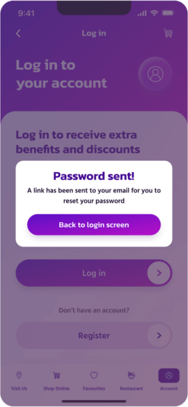 Password sent screen for Greedy Panda app