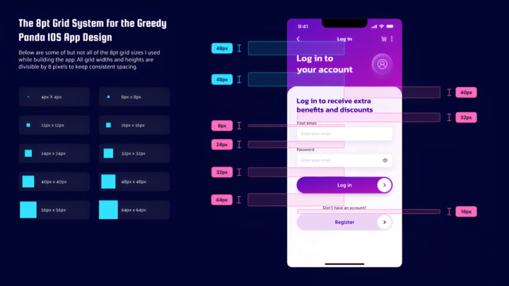 8pt grid example for a Greedy Panda app screen