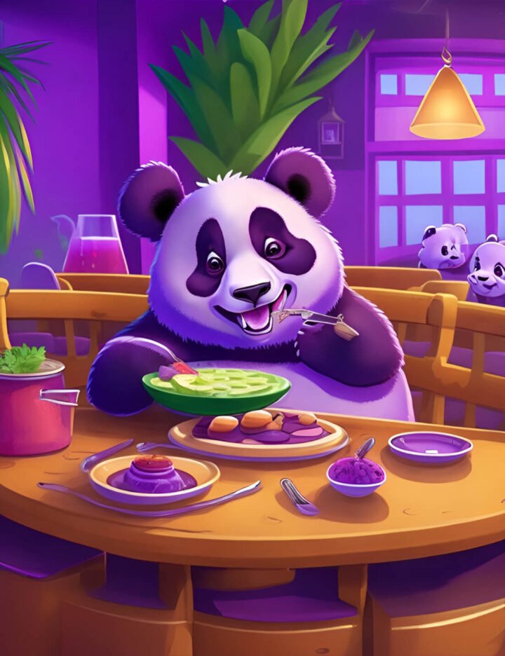 Cartoon panda eating food on a dining table