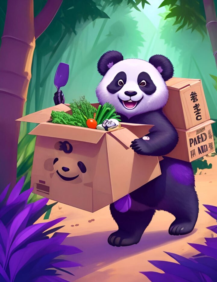 Cartoon panda delivering a parcel in a jungle