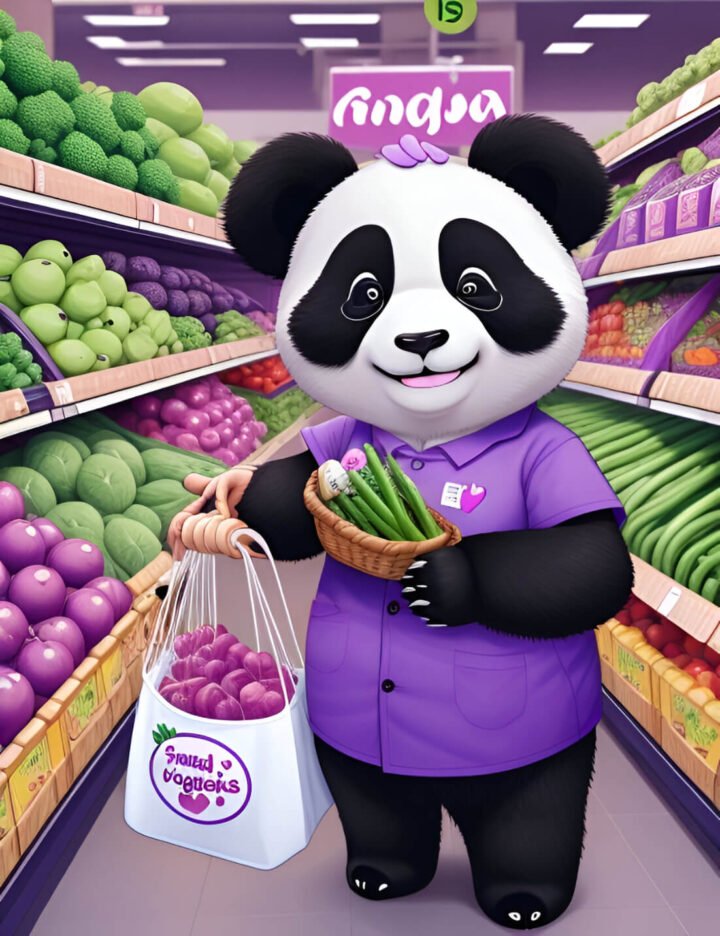 Cartoon panda in a supermarket